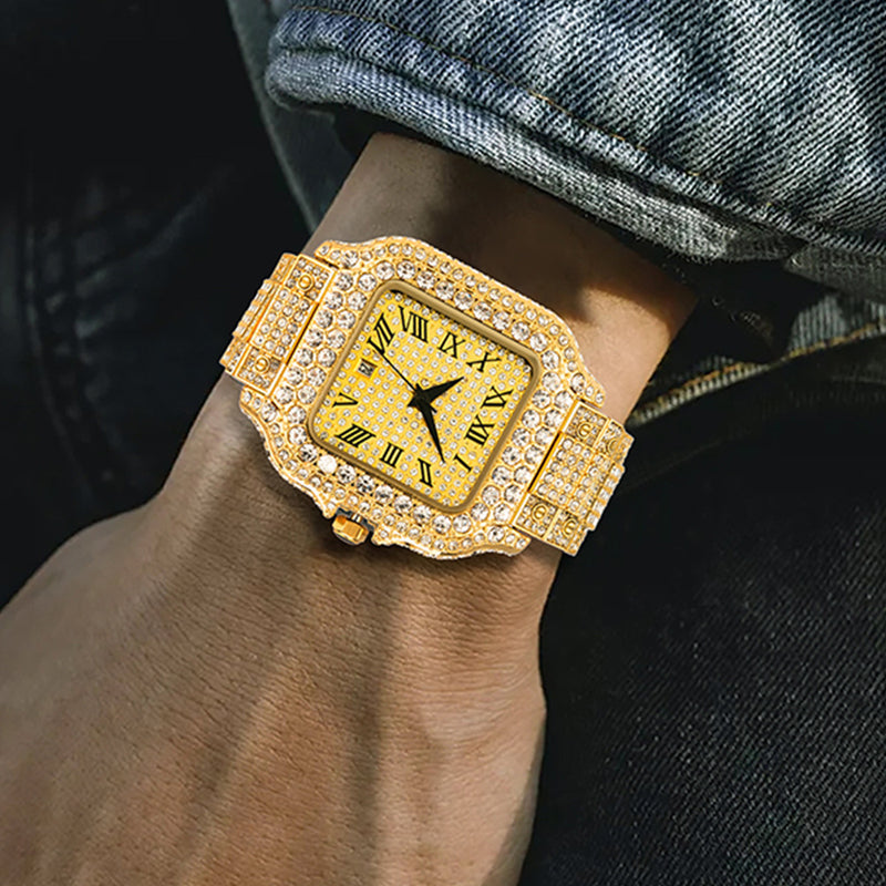 Straight European Hip Hop Diamond Quartz Wrist Watch ساعة يد كوارتز أوروبية مستقيمة مرصعة بالألماس من هيب هوب