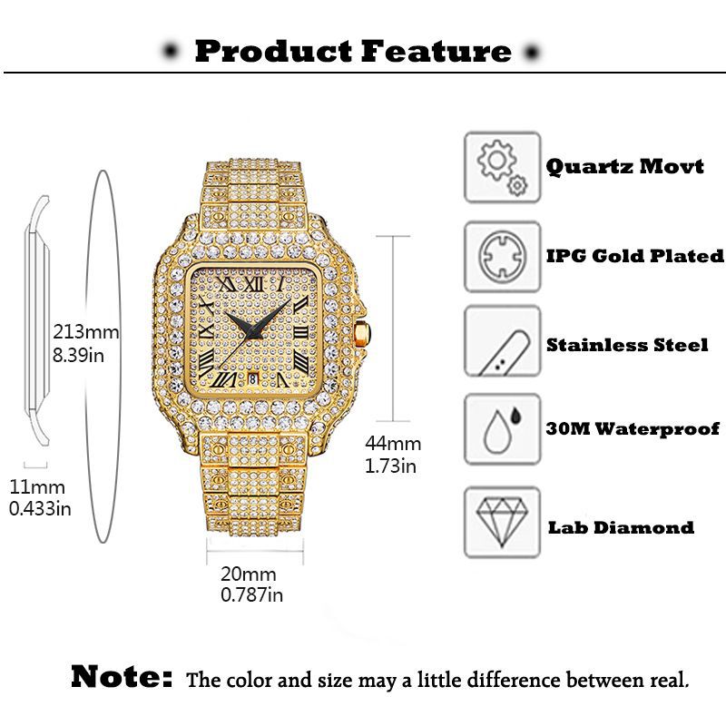 Straight European Hip Hop Diamond Quartz Wrist Watch ساعة يد كوارتز أوروبية مستقيمة مرصعة بالألماس من هيب هوب