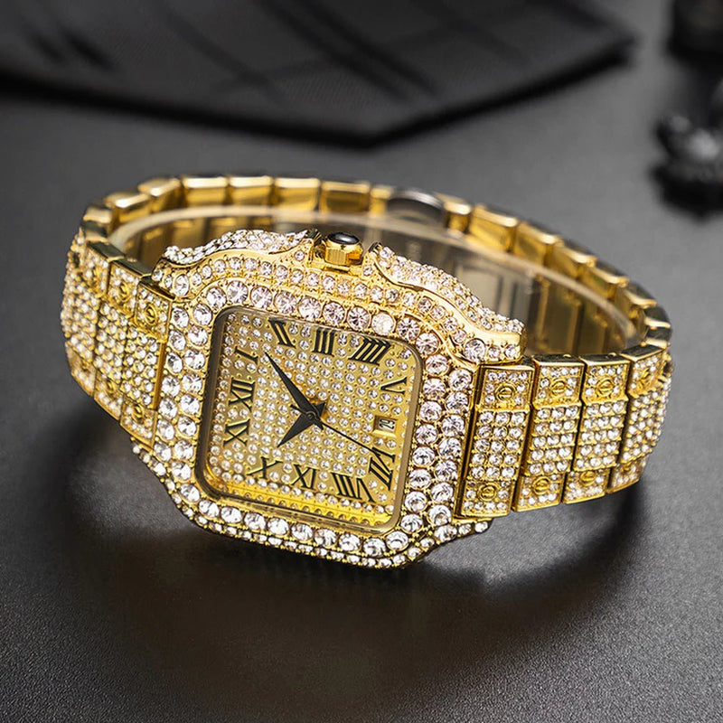 Straight European Hip Hop Diamond Quartz Wrist Watch ساعة يد كوارتز أوروبية مستقيمة مرصعة بالألماس من هيب هوب